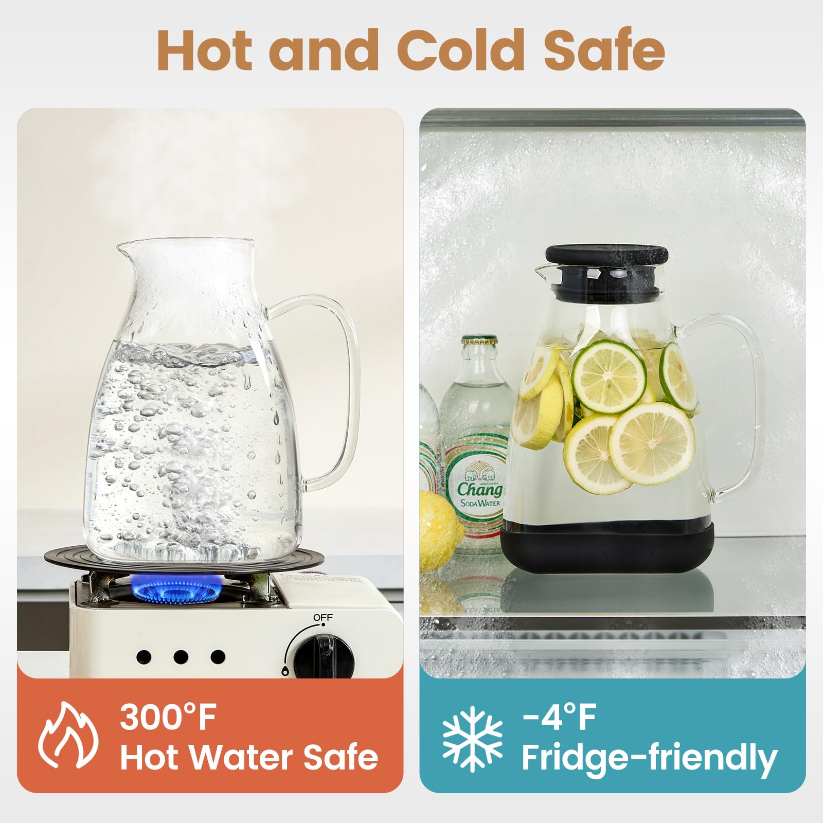 Spreccio pitcher beside glass and ice for scale showing 68oz capacity advantage