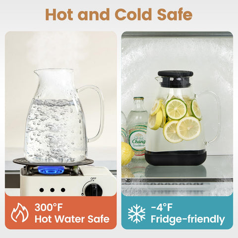 Spreccio pitcher beside glass and ice for scale showing 68oz capacity advantage