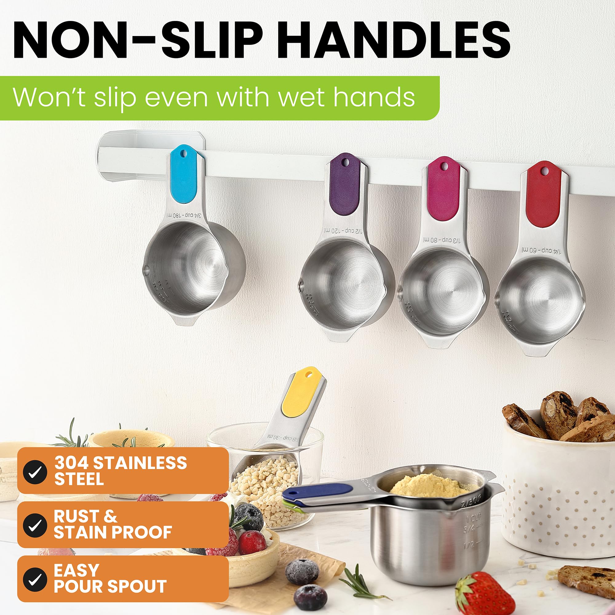 Spring Chef magnetic nesting detail showing magnets holding cups together for compact, tangle-free storage