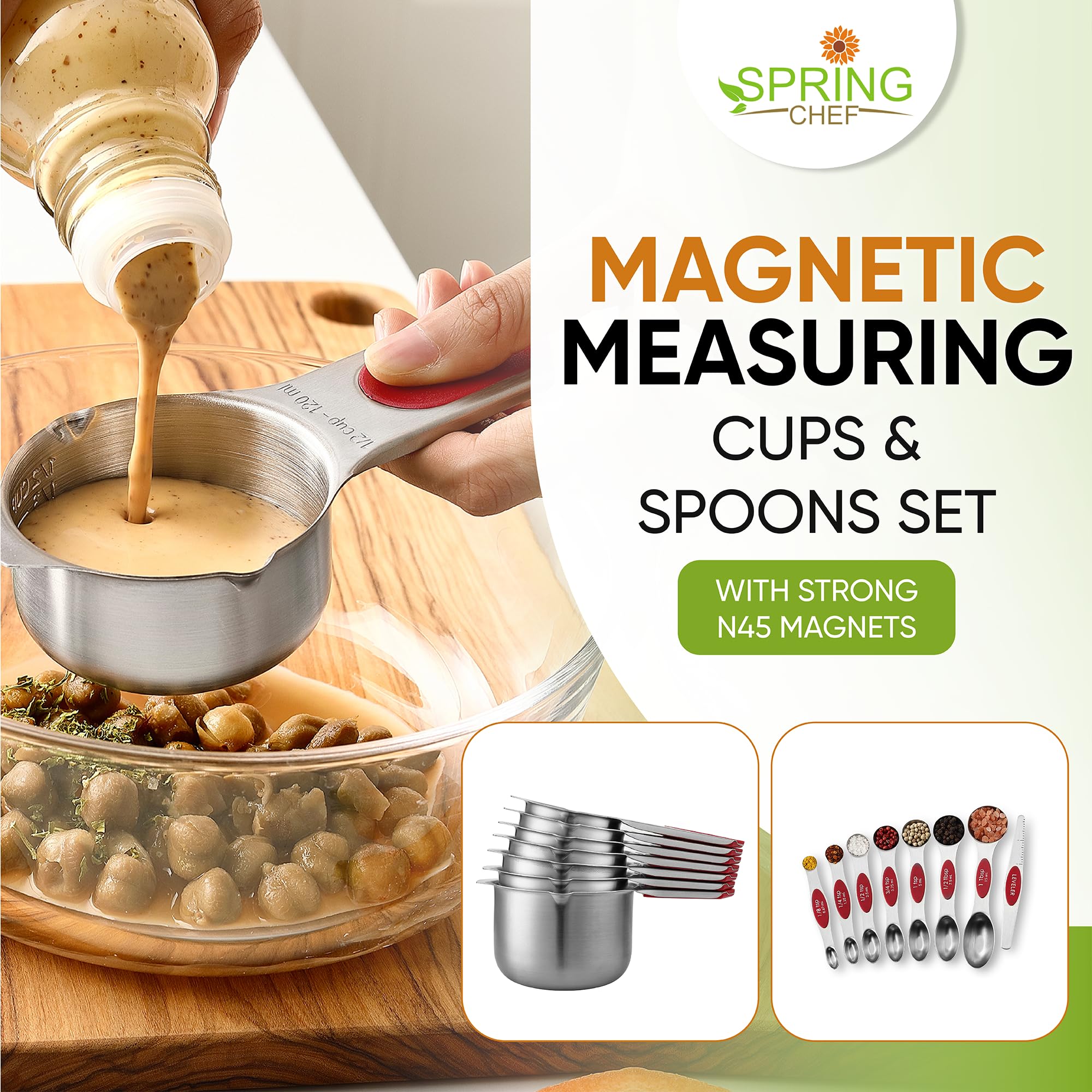 Spring Chef nested magnetic cups and spoons compactly stored for convenience