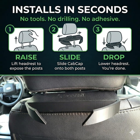 SPWM CabCap installed in truck cab showing tidy storage and clutter reduction