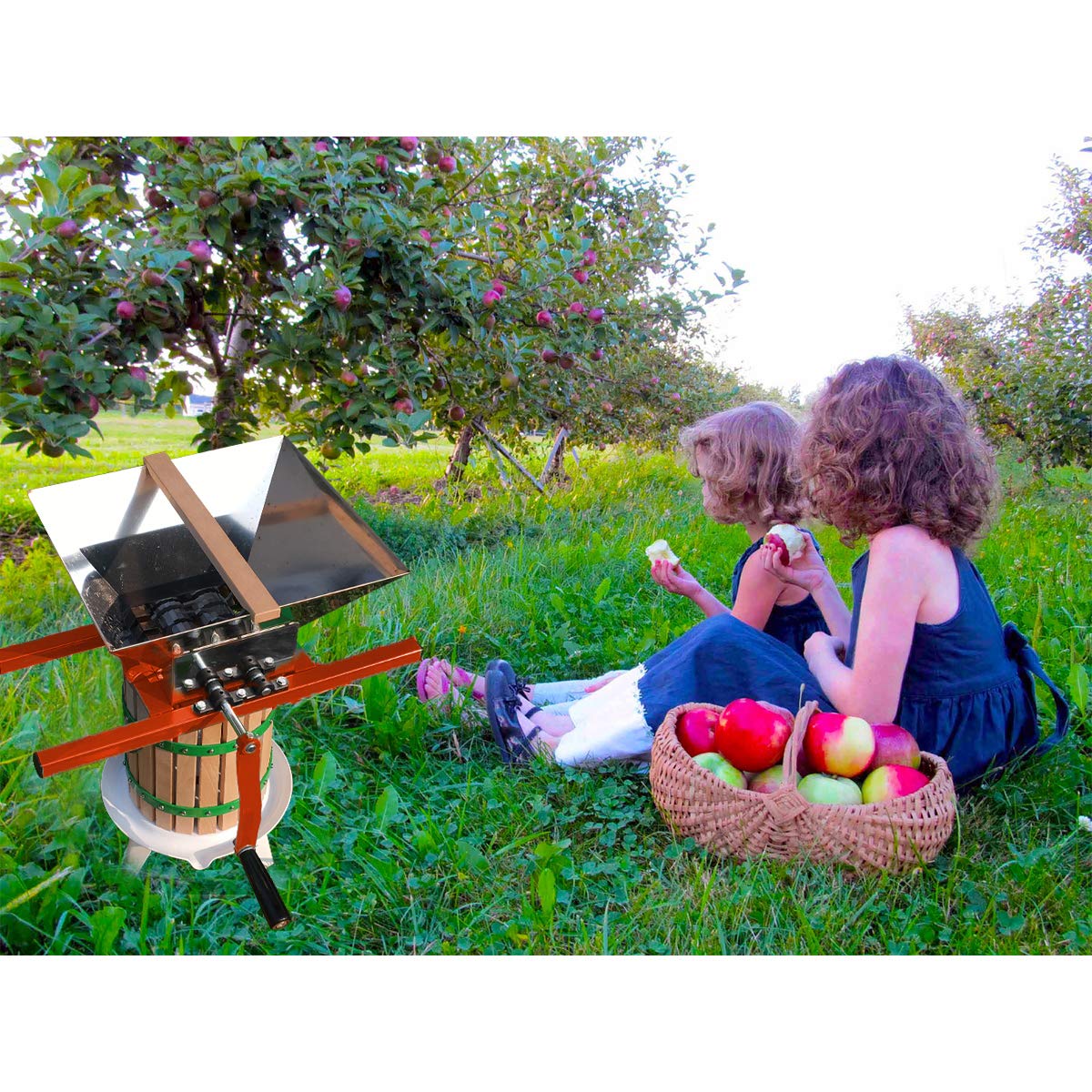 SQUEEZE master in outdoor setting showing portable, power-free fruit crushing benefit