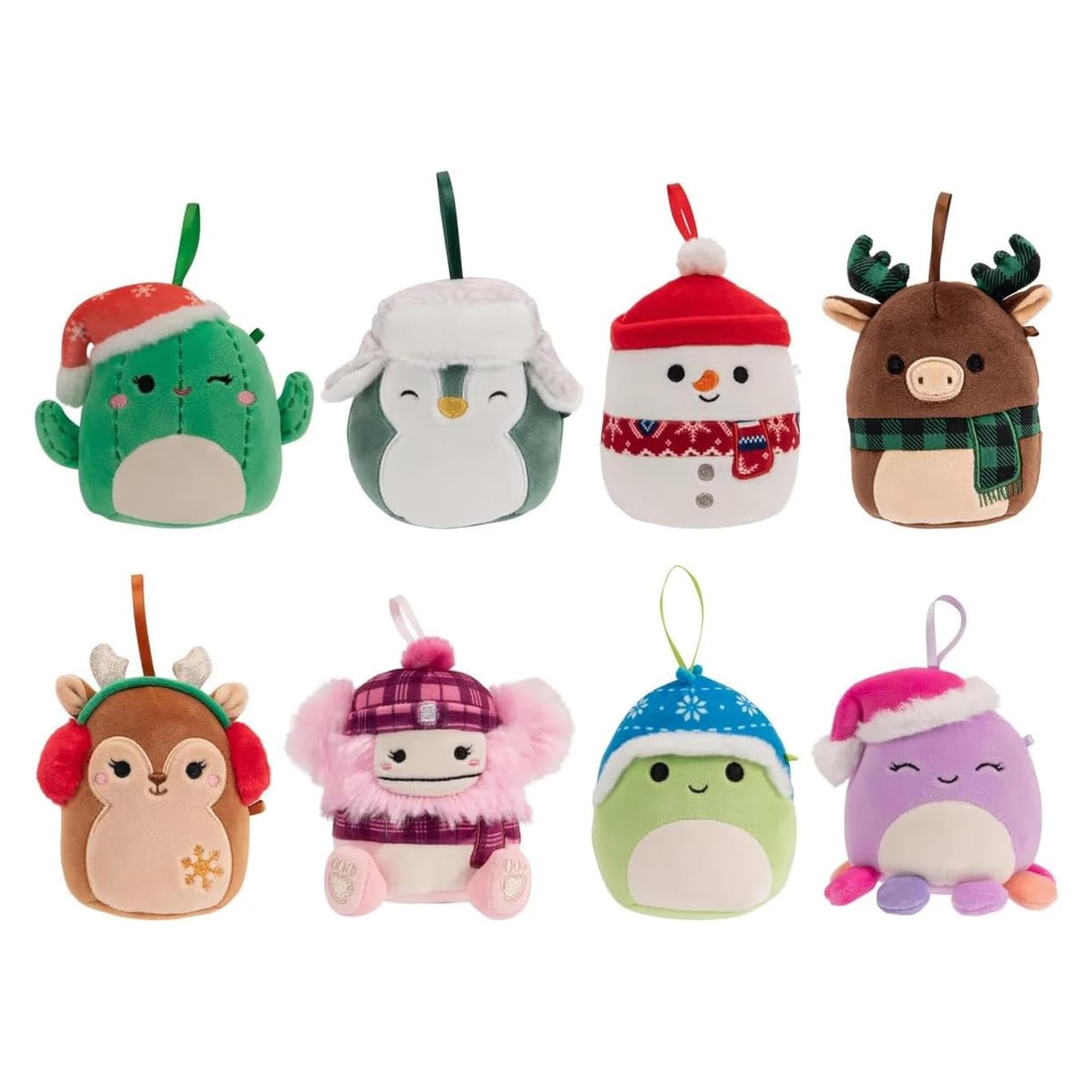 Squishmallows front packaging showing eight winter ornaments for easy gifting