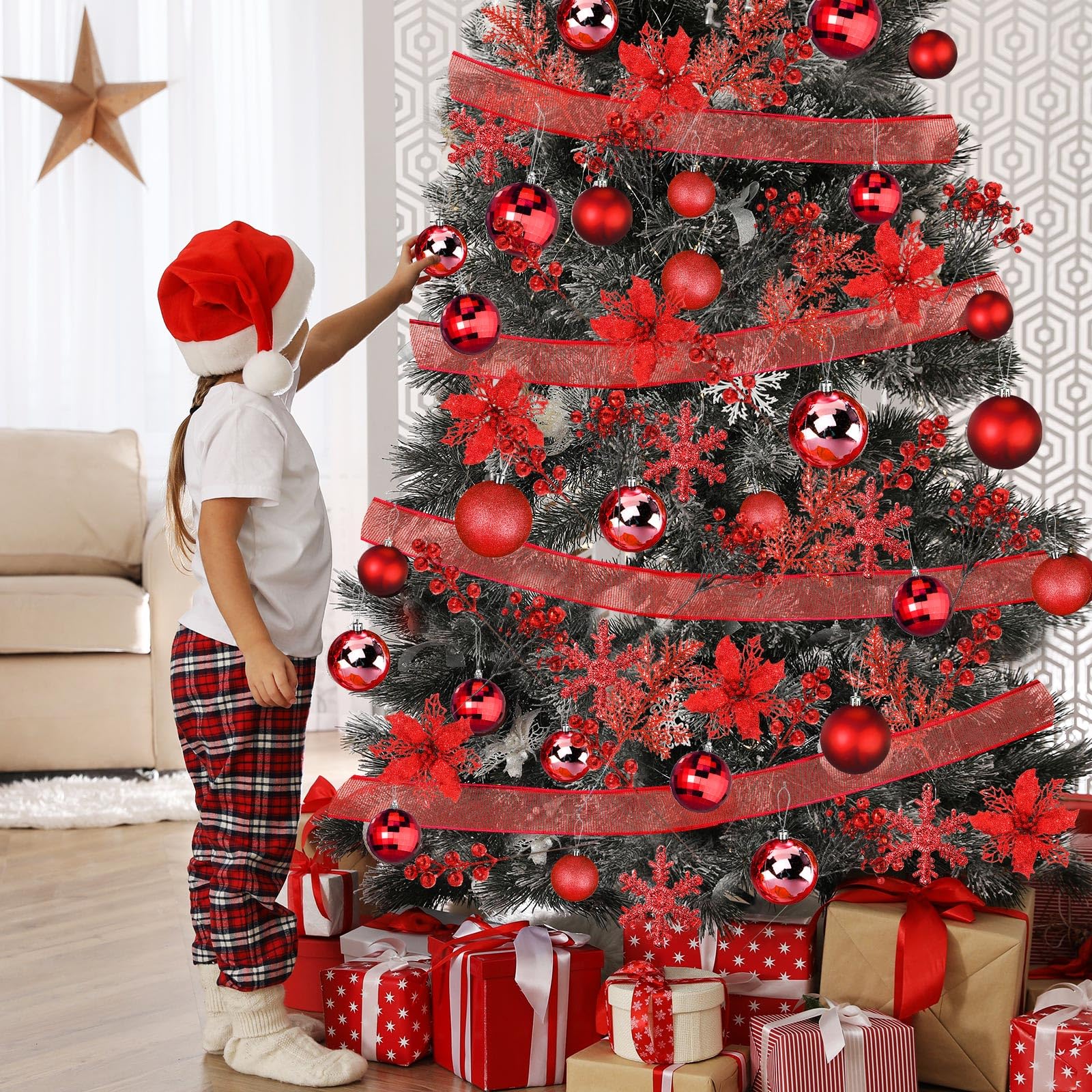 Sratte arranged three-size red balls creating layered tree depth