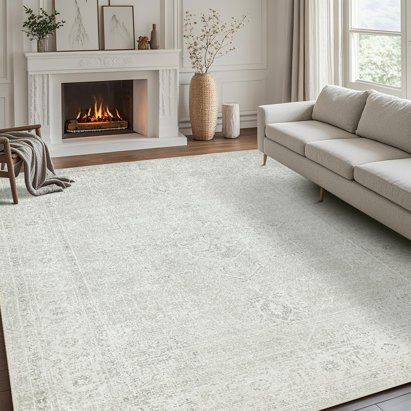 Srugn concrete grey rug front view showing full 8x10 coverage and neutral tone benefit