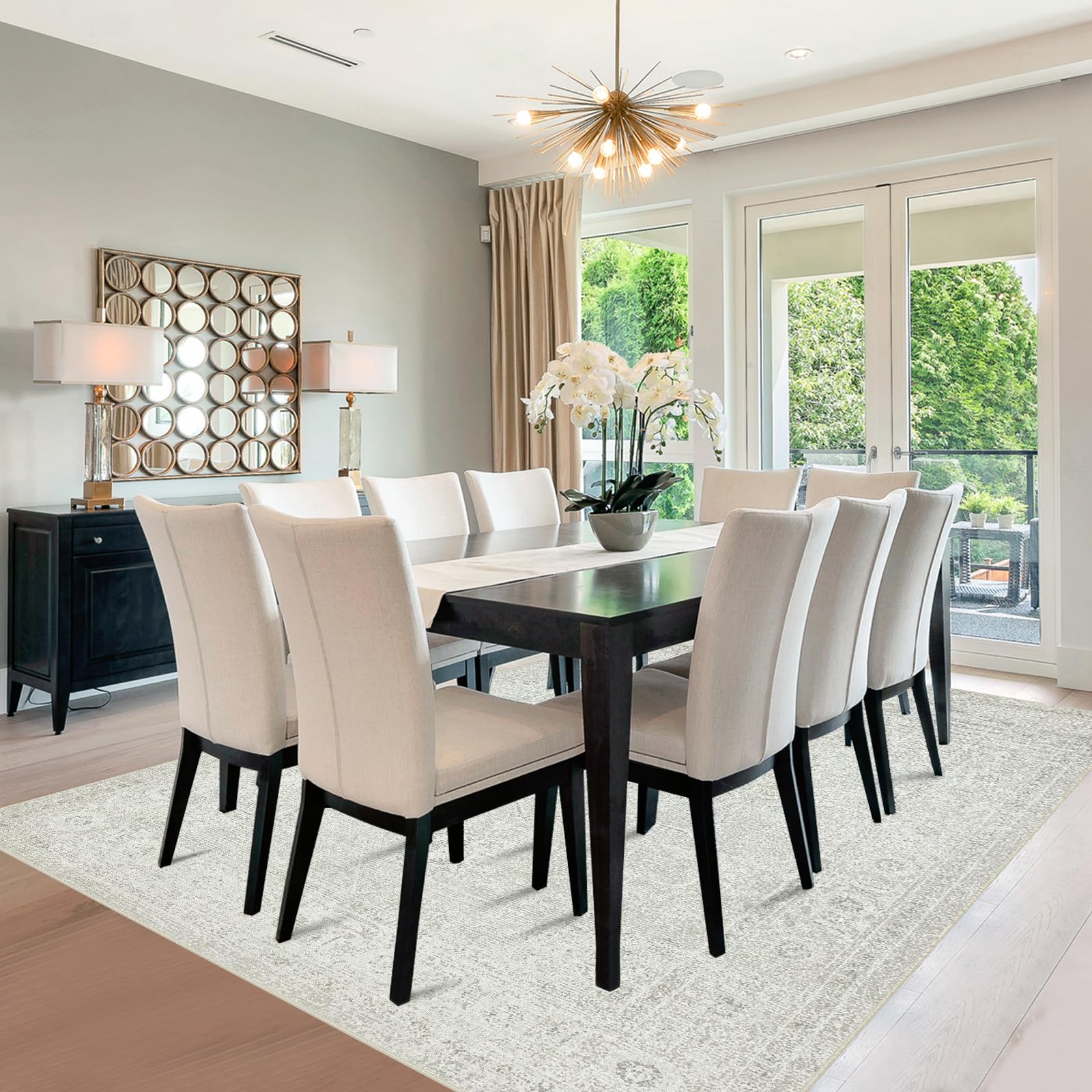 Srugn rug beside chair showing scale and 8x10 coverage benefit