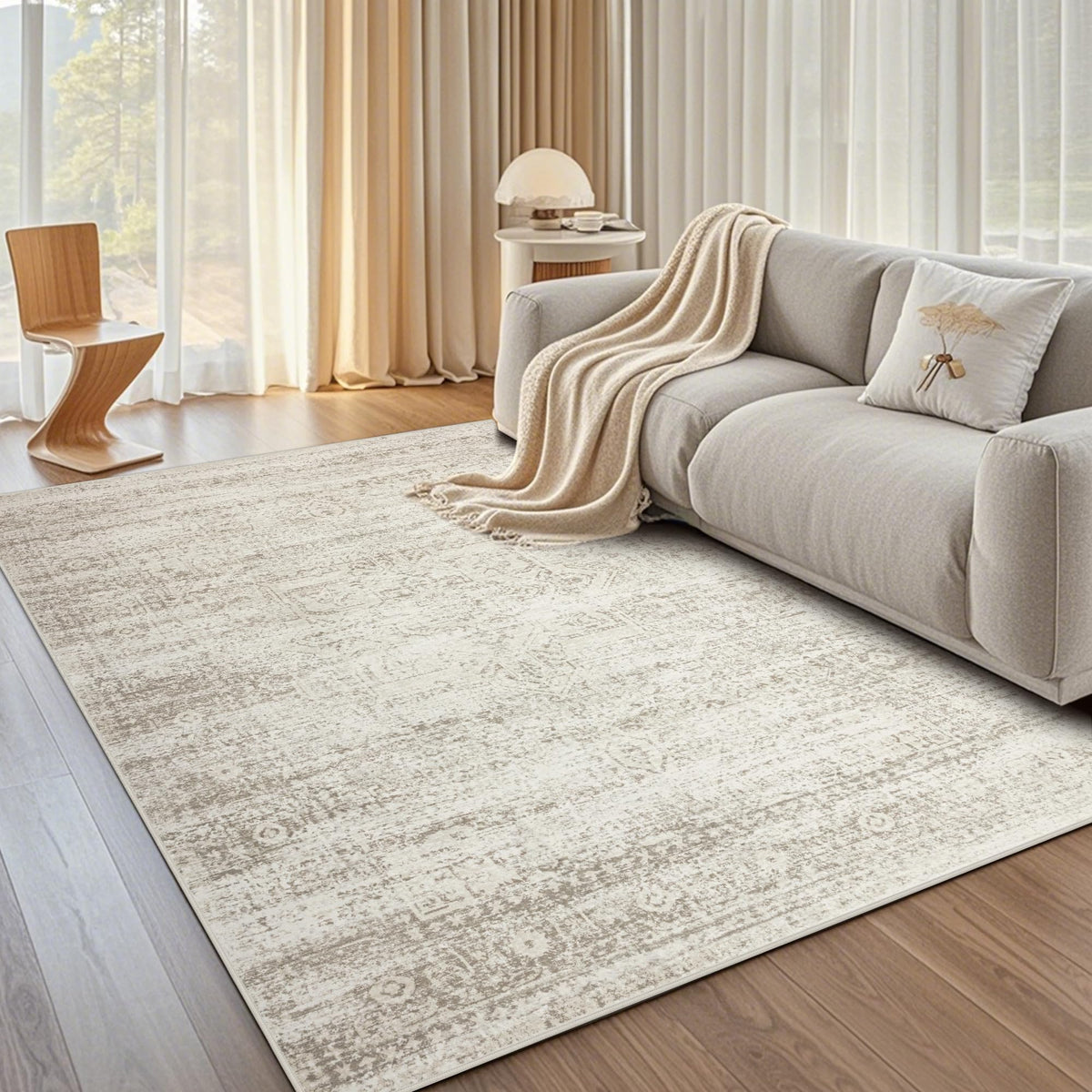 Srugn front view of 5x7 beige rug showing classic vintage style and cozy appeal