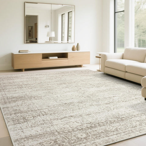 srugn front view of 6x9 rug showing neutral vintage pattern and welcoming feel