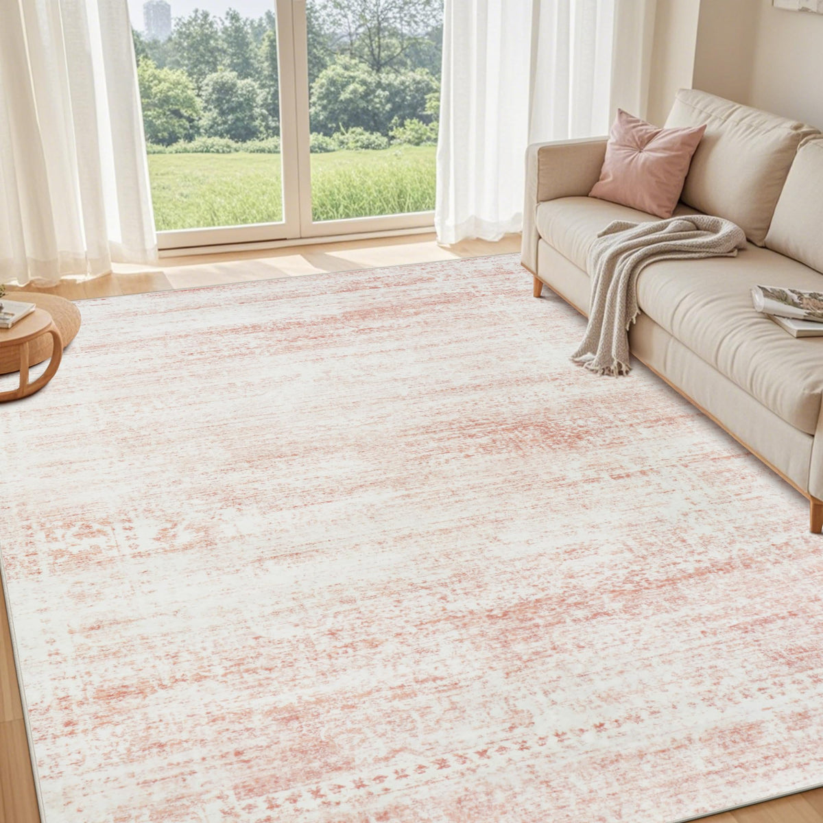 Srugn pink rug front view showing color and scale, enhances room warmth
