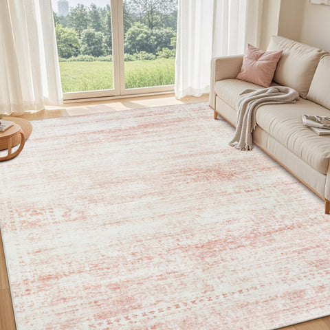 Srugn pink rug front view showing color and scale, enhances room warmth
