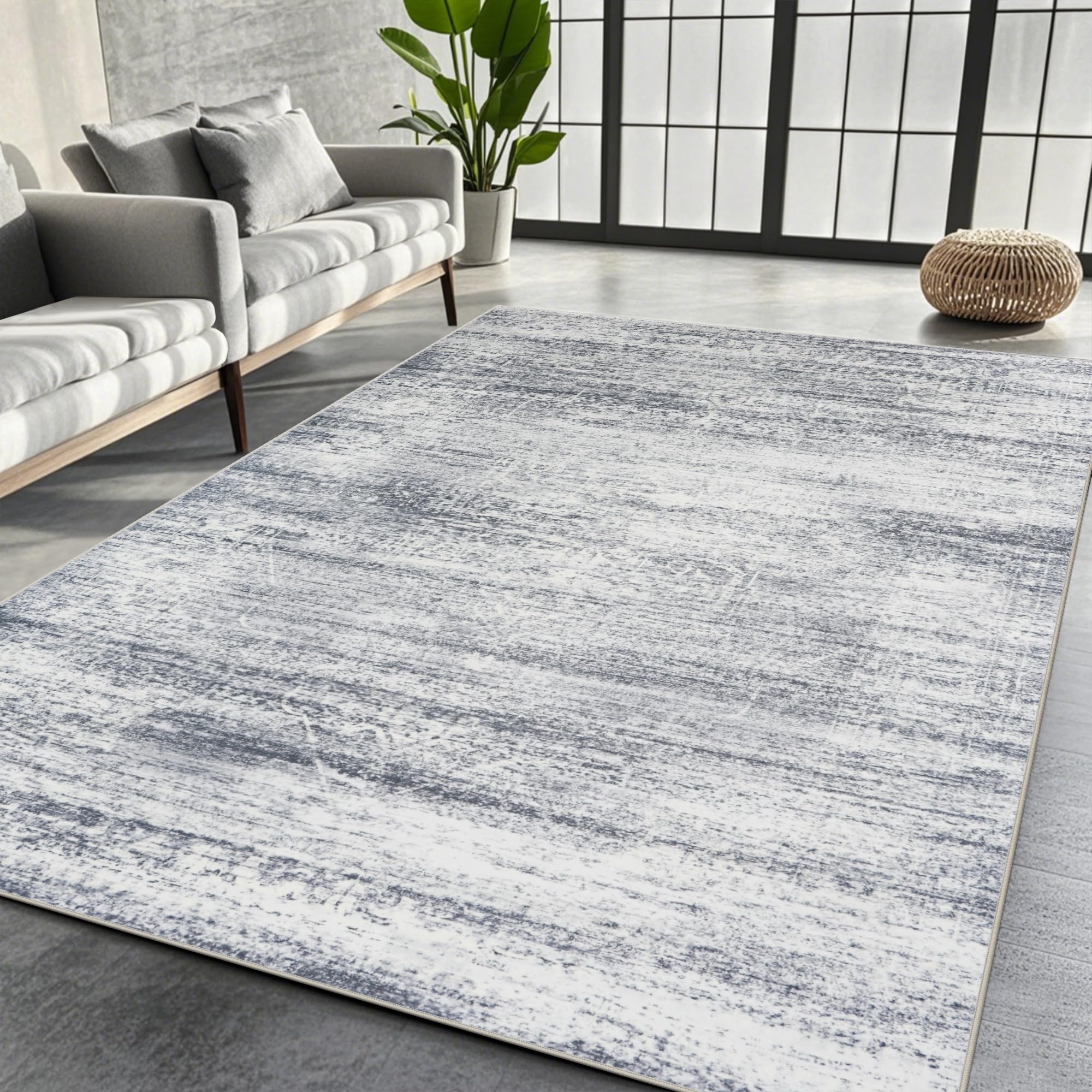 Srugn 8x10 rug front view in grey cream showing full pattern and balance