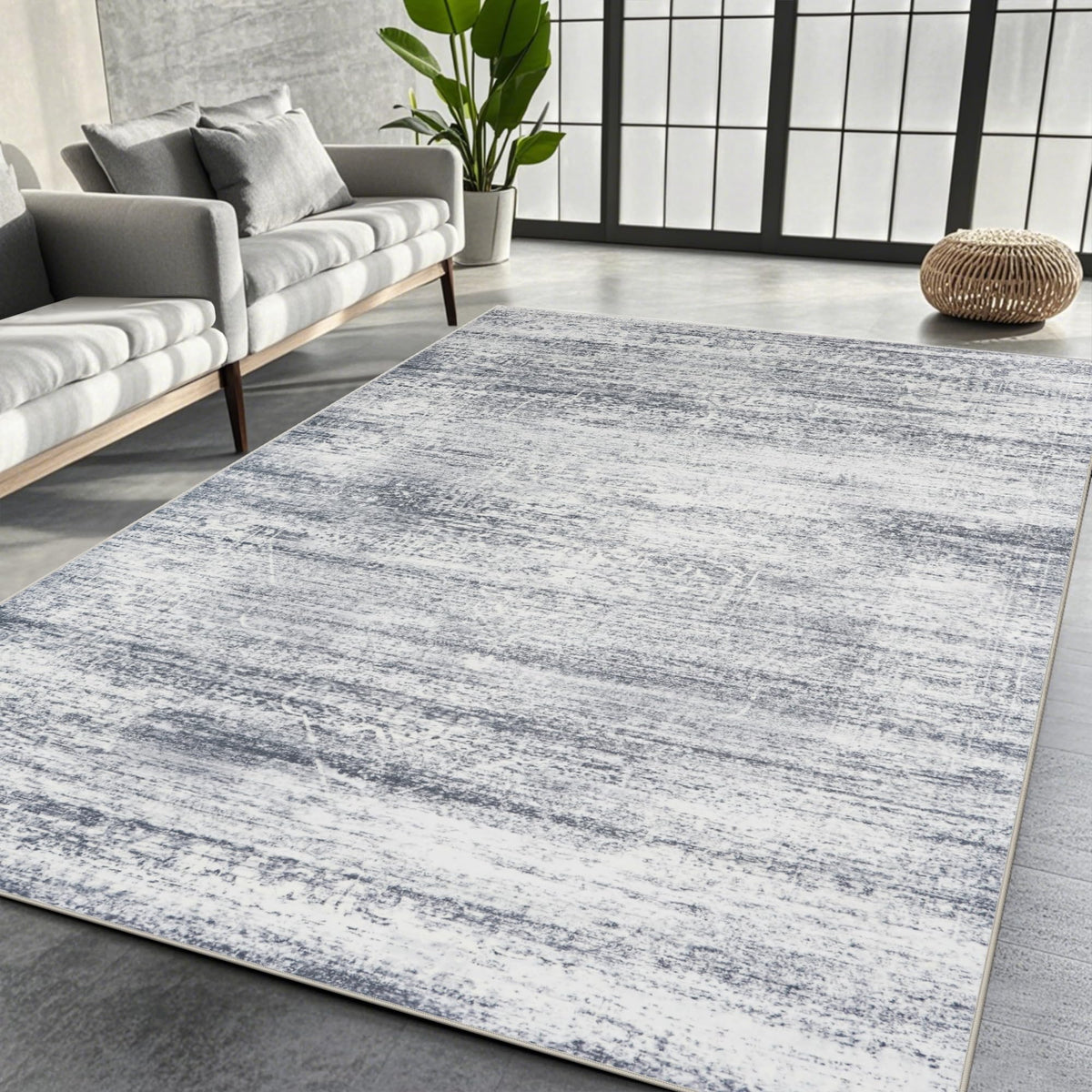 Srugn 8x10 rug front view in grey cream showing full pattern and balance