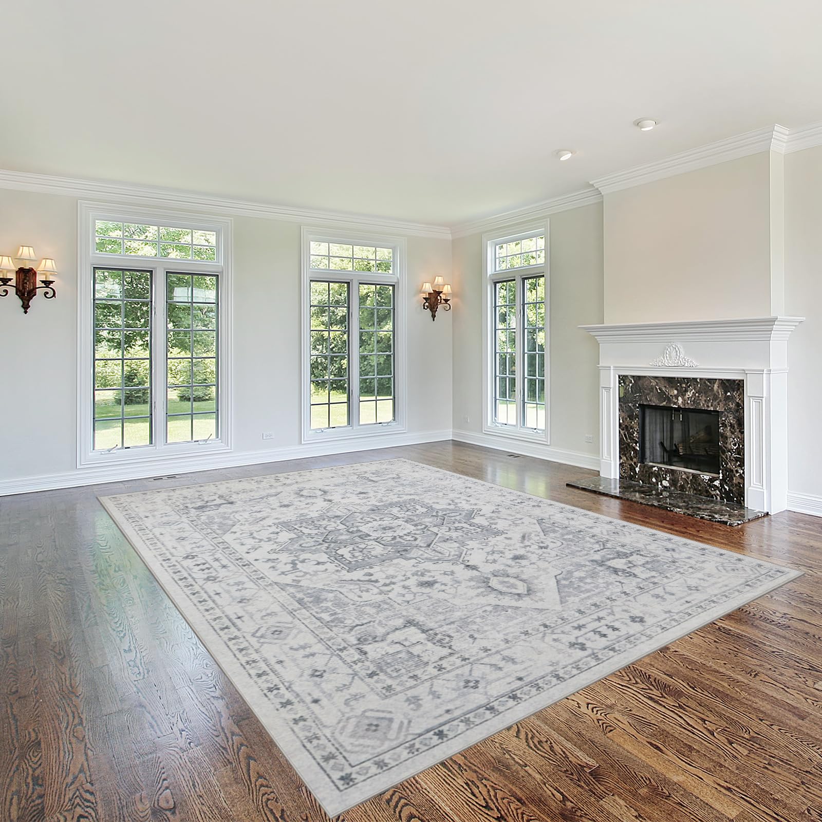 Srugn rug next to sofa for scale and room coverage clarity