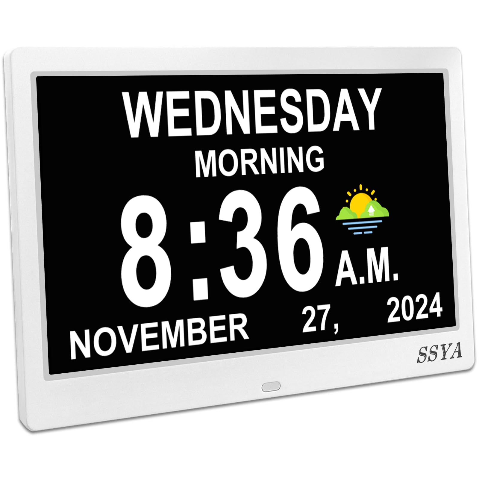 SSYA front display digital clock showing full day and date for clear orientation