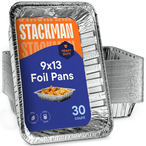 Stack Man 9x13 front view of heavy-duty disposable aluminum pan for easy serving