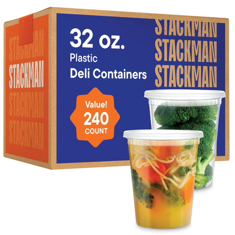 Stack Man front packaging showing 240-count clear deli containers and convenience