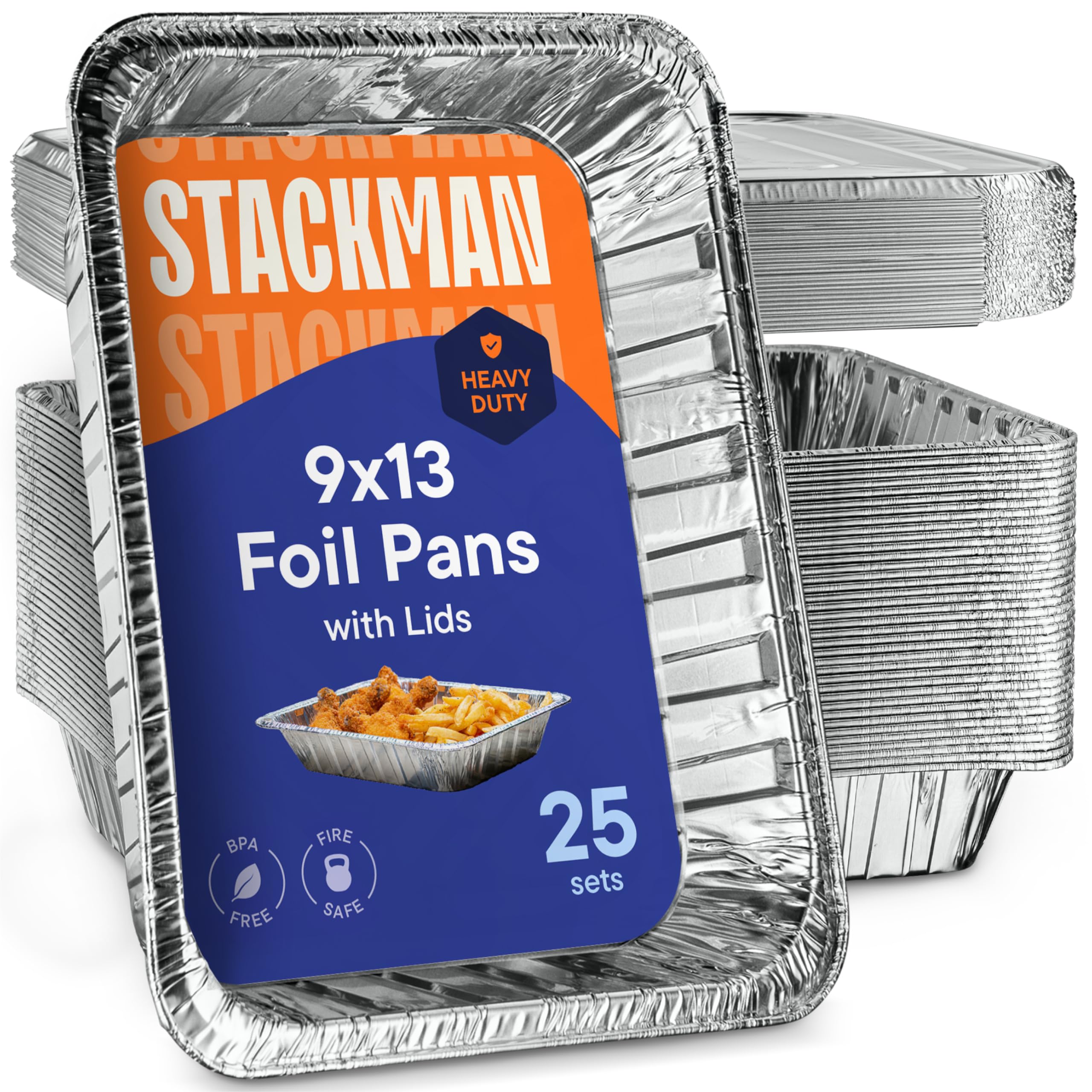 Stack Man front packaging showing 25-set heavy-duty aluminum pans and lids benefit convenience