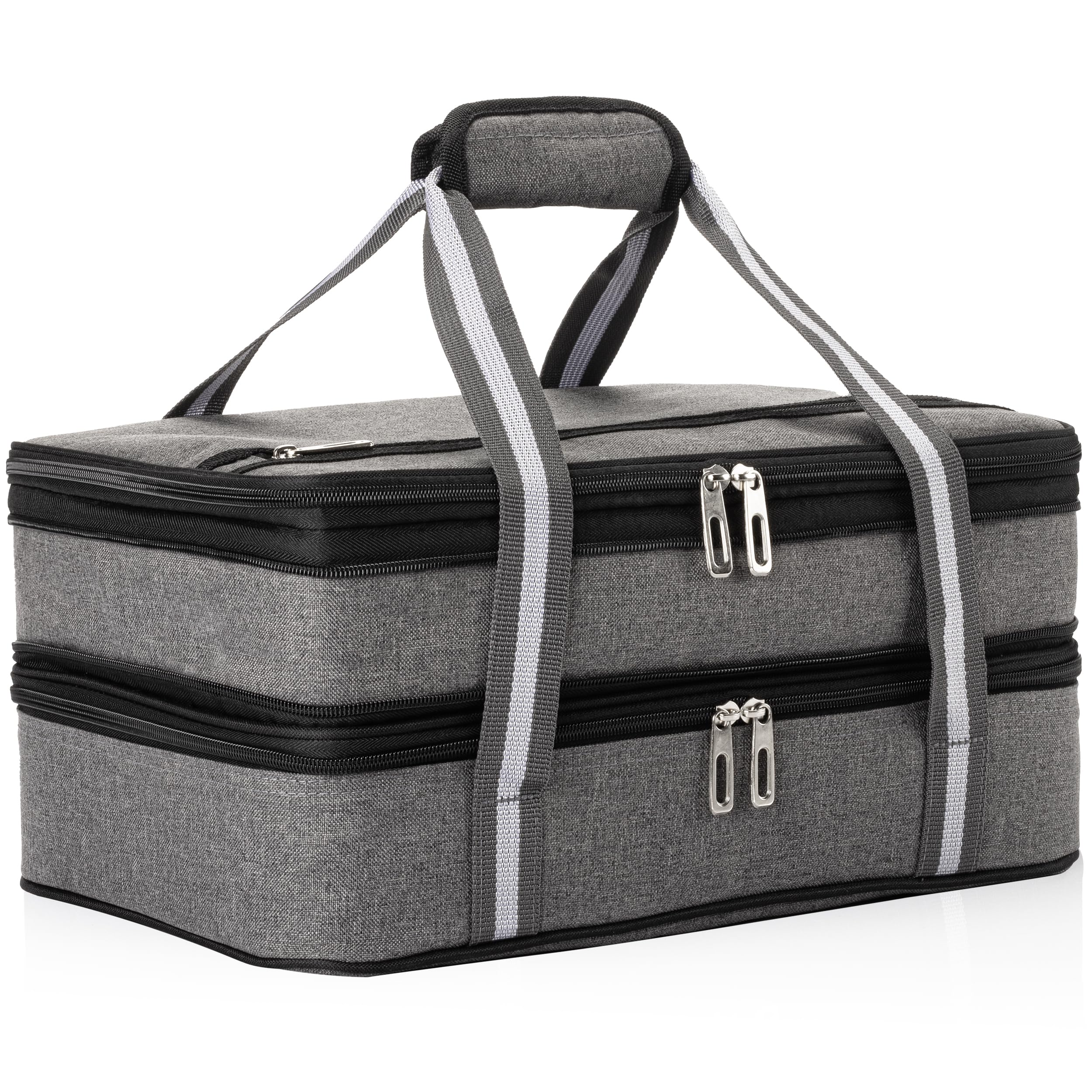 Stack Store Plus More front view showing gray insulated casserole carrier and secure zipper, protects food on the move