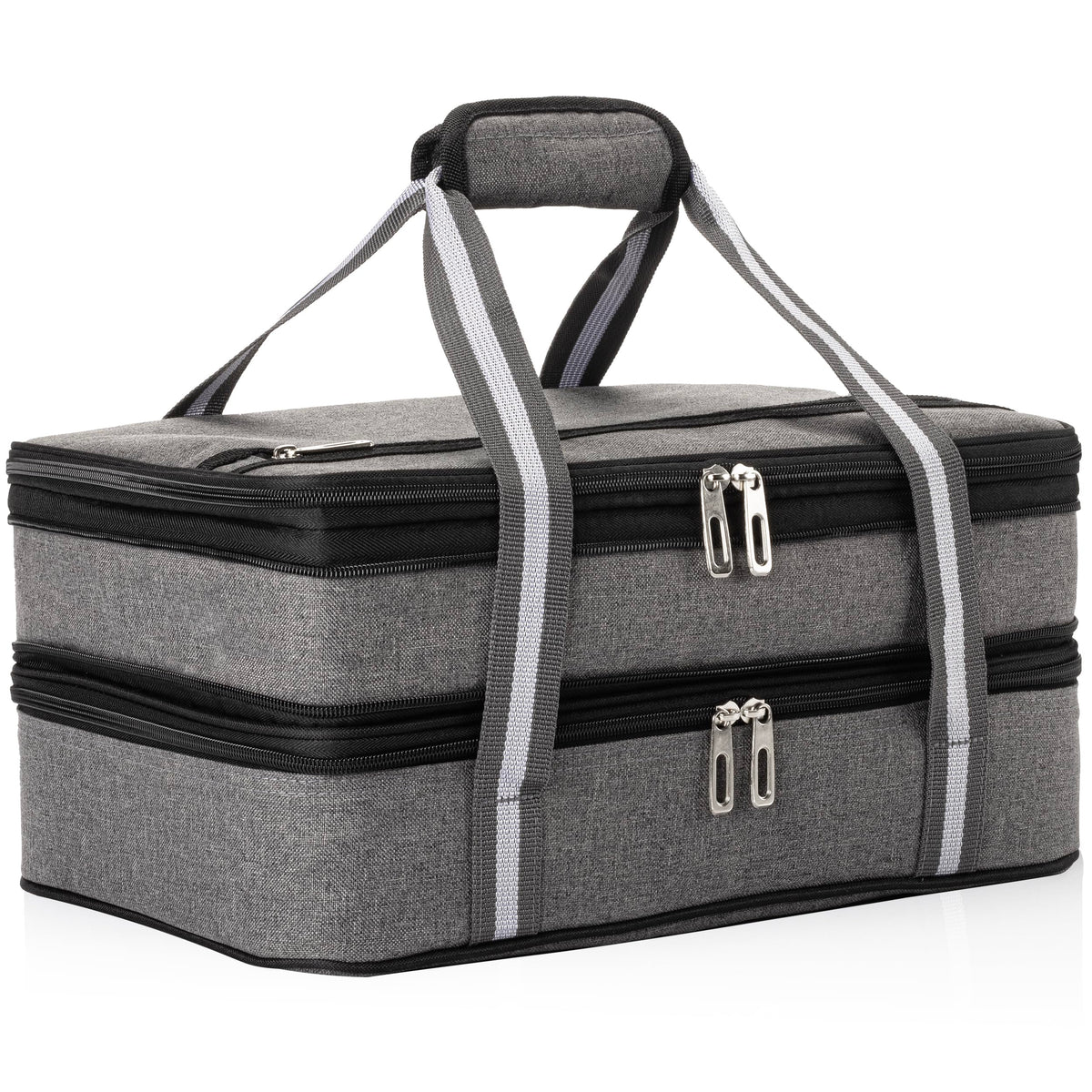 Stack Store Plus More front view showing gray insulated casserole carrier and secure zipper, protects food on the move