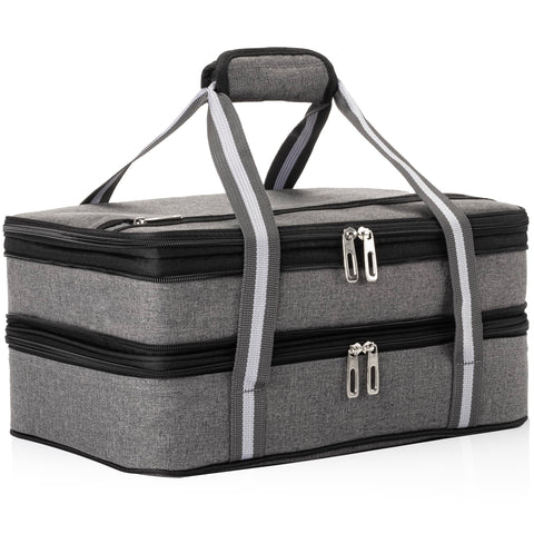 Stack Store Plus More front view showing gray insulated casserole carrier and secure zipper, protects food on the move