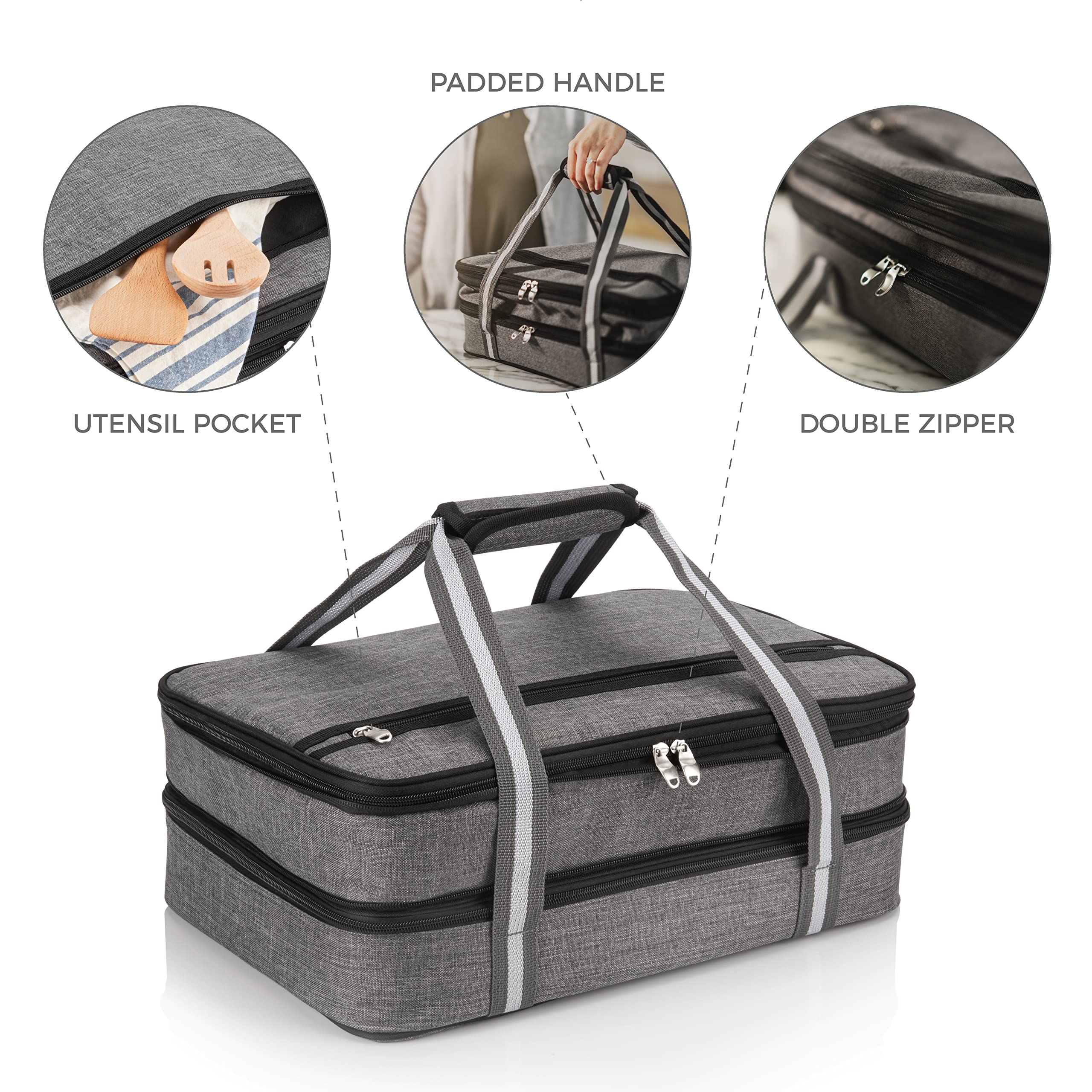 Stack Store Plus More padded handle view being carried, offers comfortable transport for heavy baking dishes