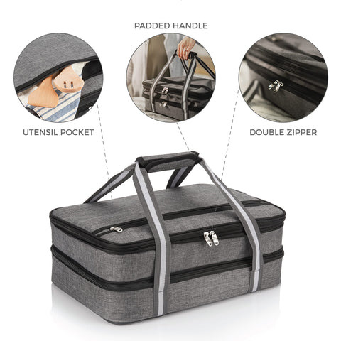 Stack Store Plus More padded handle view being carried, offers comfortable transport for heavy baking dishes