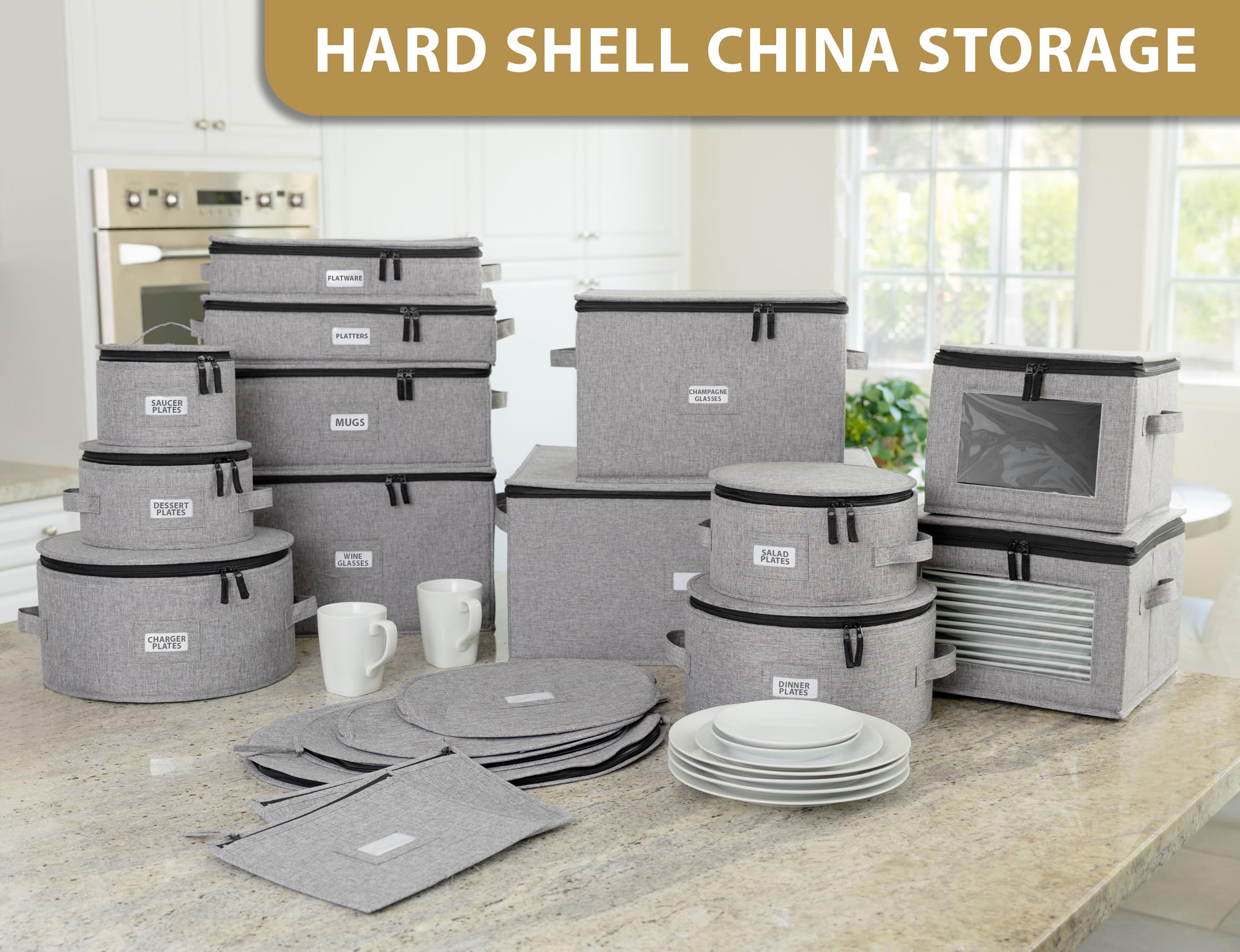 Stack Store Plus More case next to a dinner plate for scale, shows compact storage size