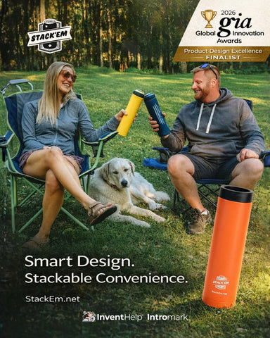 Stack'Em label and patent plate showing patented design credibility benefit