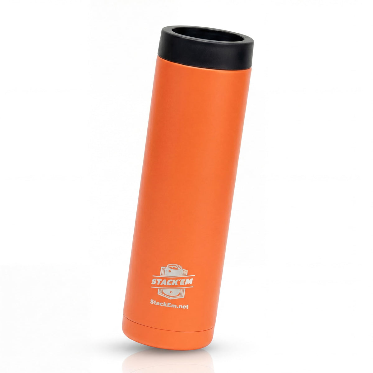 Stack'Em orange front view showing two-can capacity and travel benefit