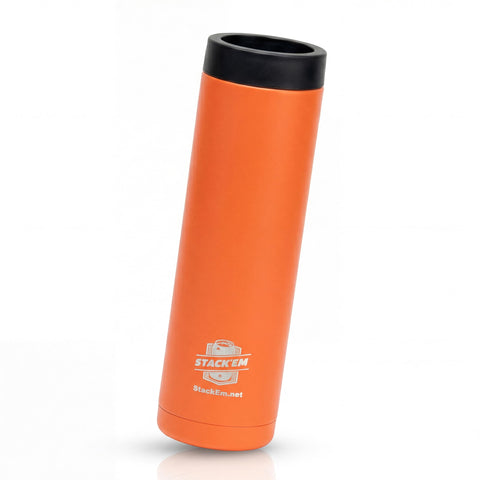 Stack'Em orange front view showing two-can capacity and travel benefit