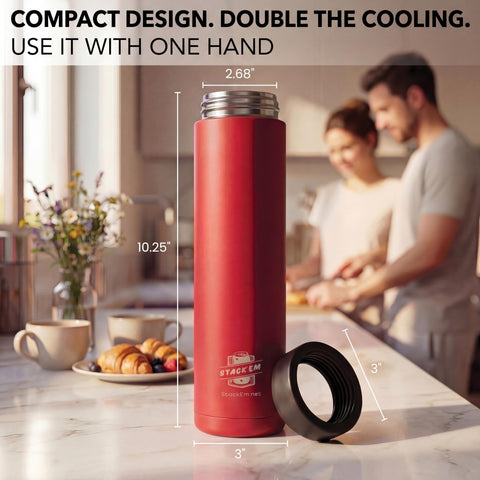 Stack'Em holding two 12 oz cans in use offering hands-free cooling benefit