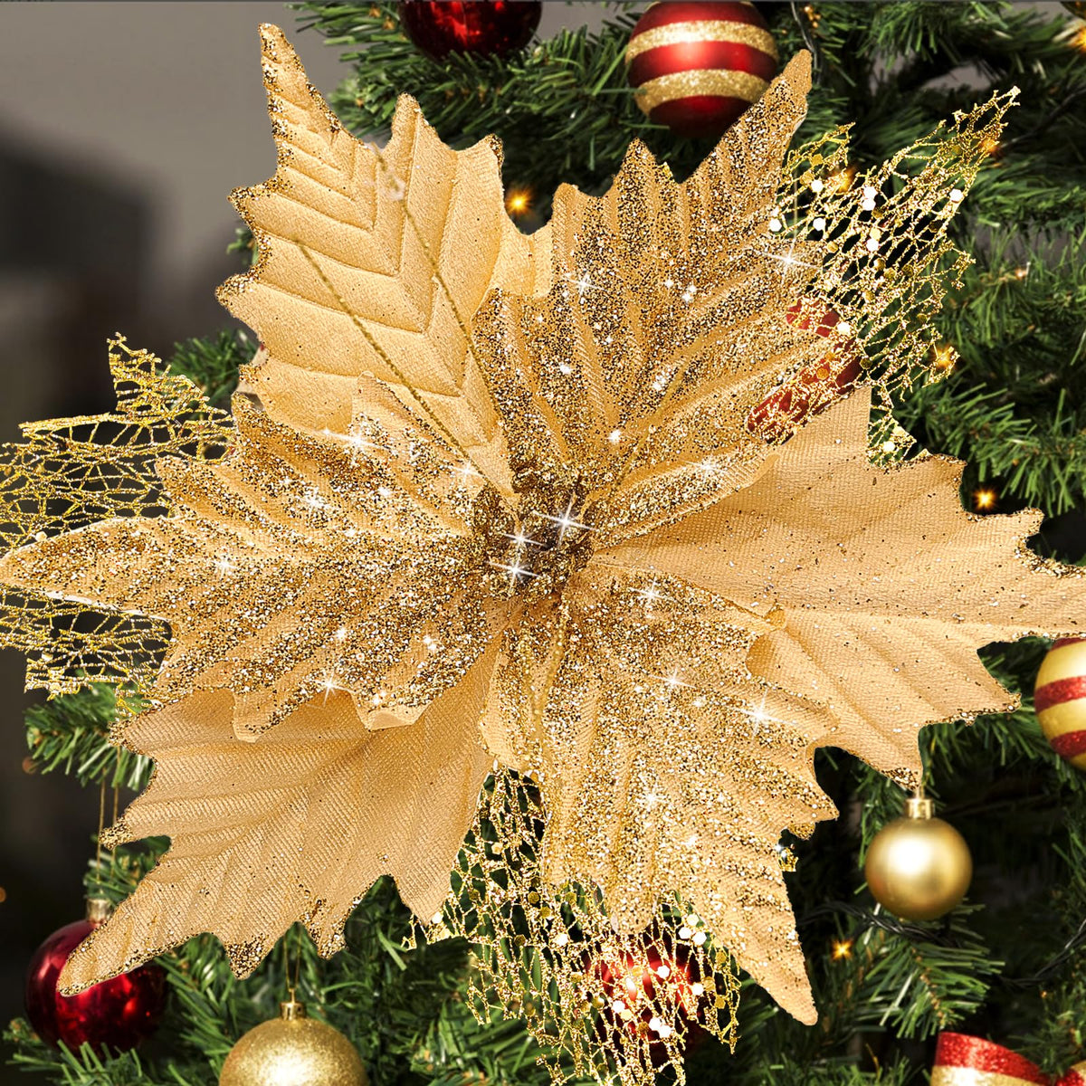 stadeco front view of glitter poinsettia showing full bloom and festive shine
