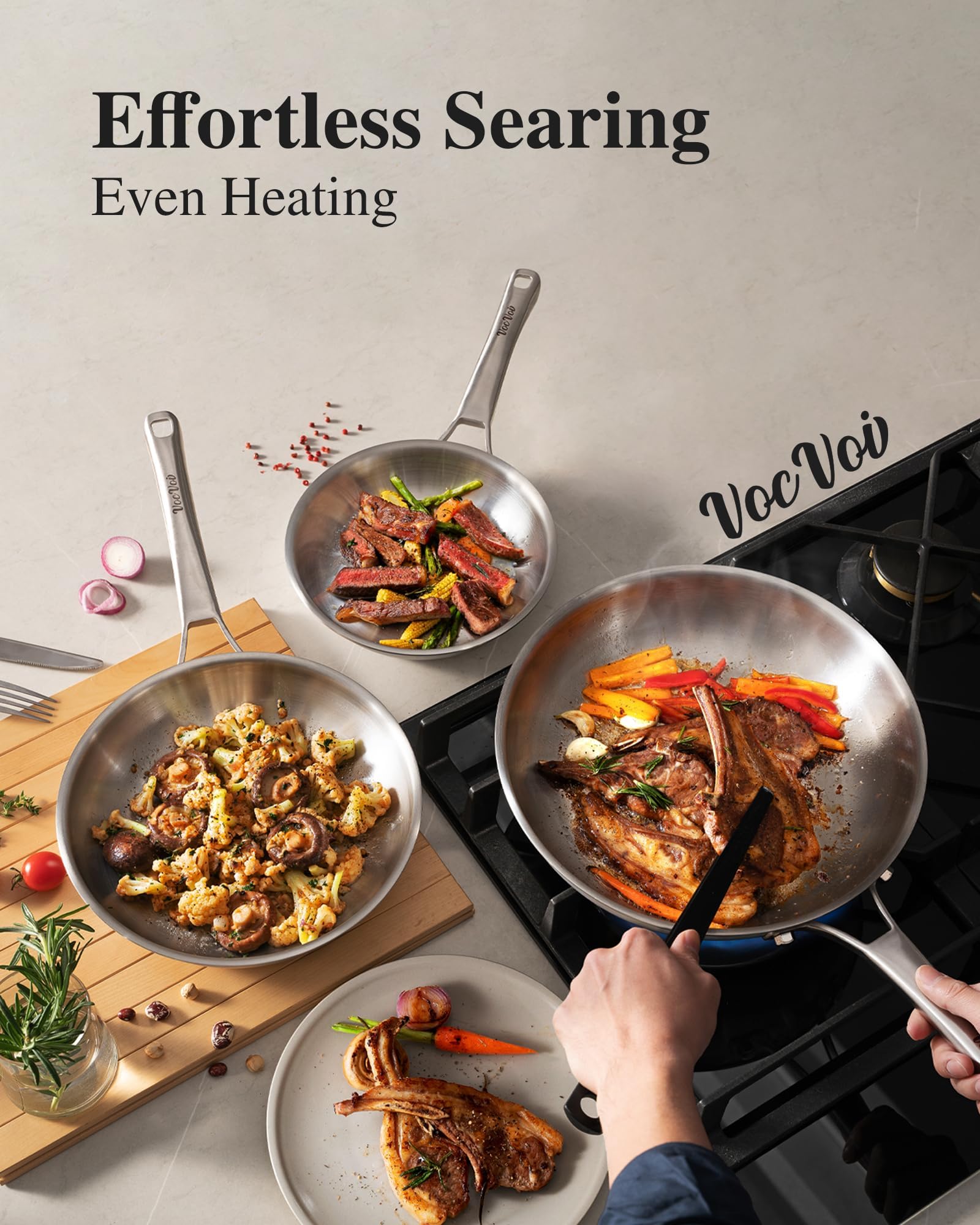 Stainless Steel Cookware Set 10-inch frying pan searing food to show even heat benefit