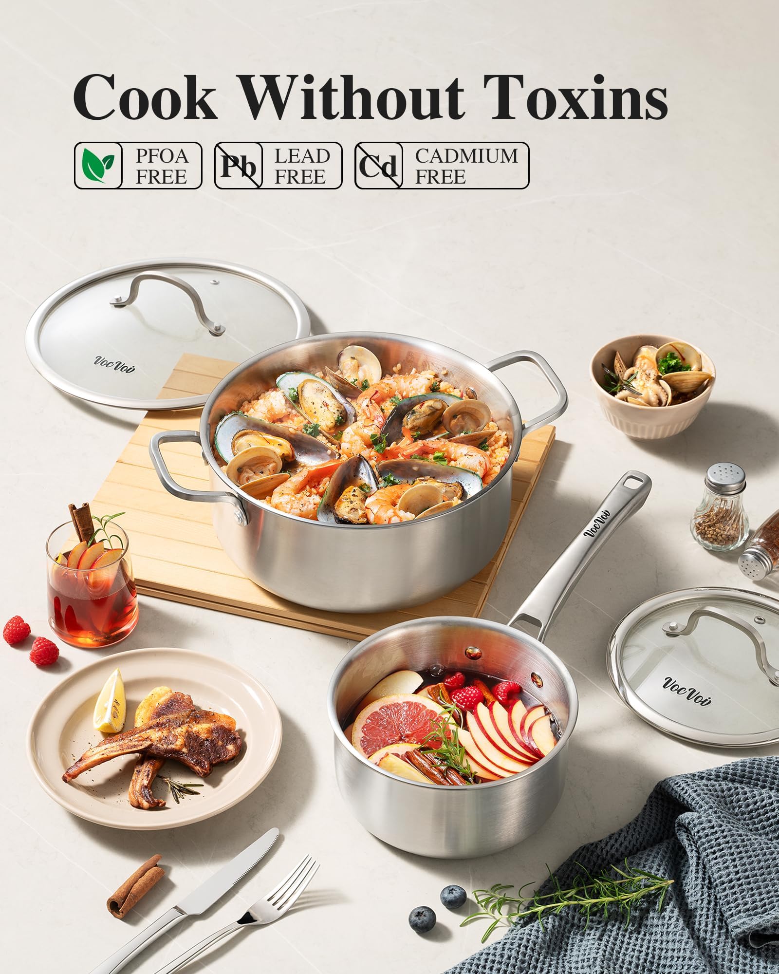 Stainless Steel Cookware Set 8-inch frying pan close-up highlighting smooth cooking surface benefit