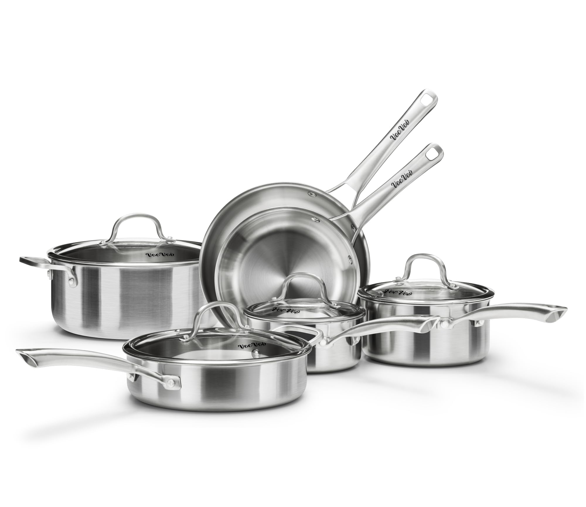 Stainless Steel Cookware Set front view showing all 10 pieces and sturdy construction benefit