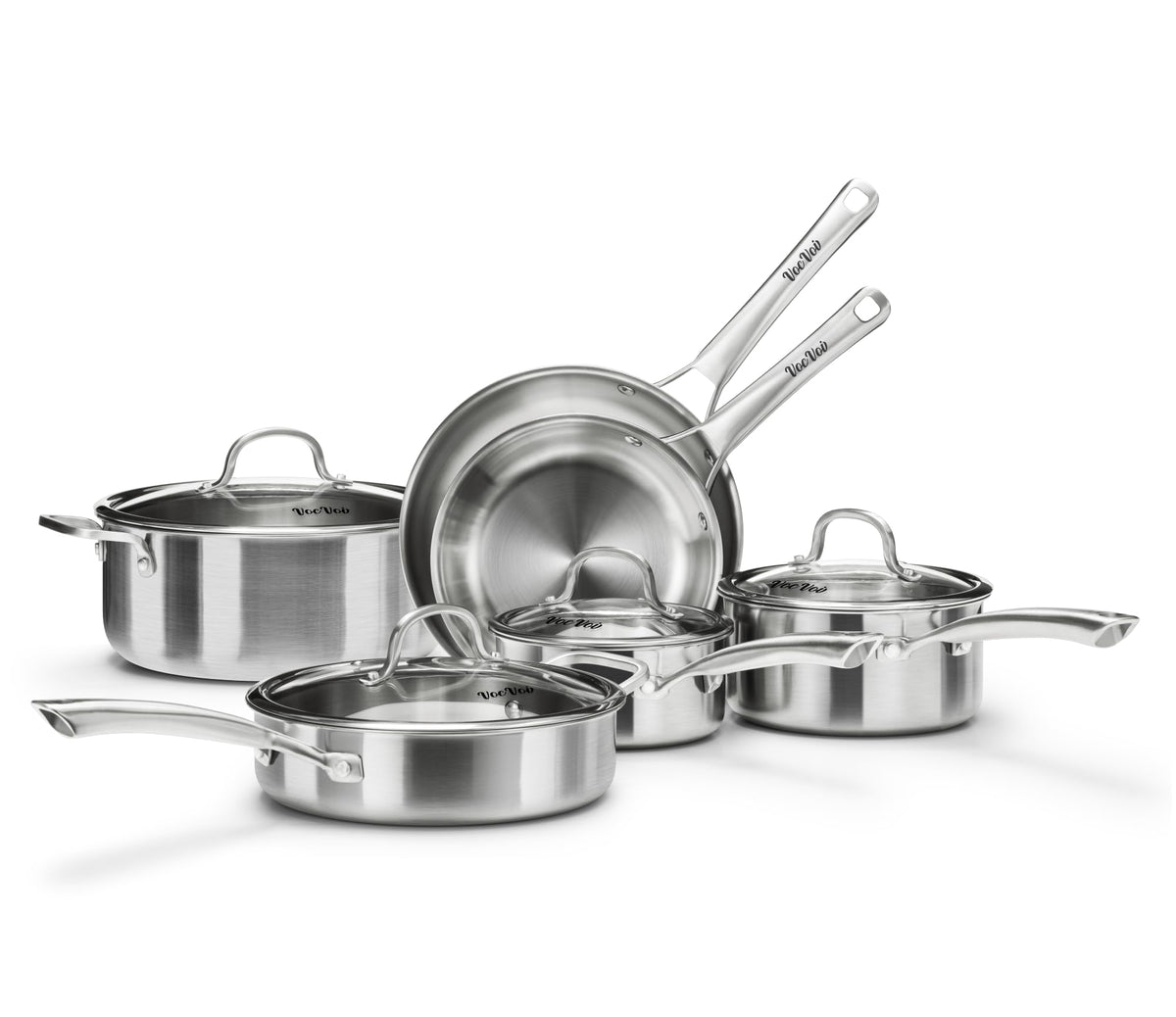 Stainless Steel Cookware Set front view showing all 10 pieces and sturdy construction benefit
