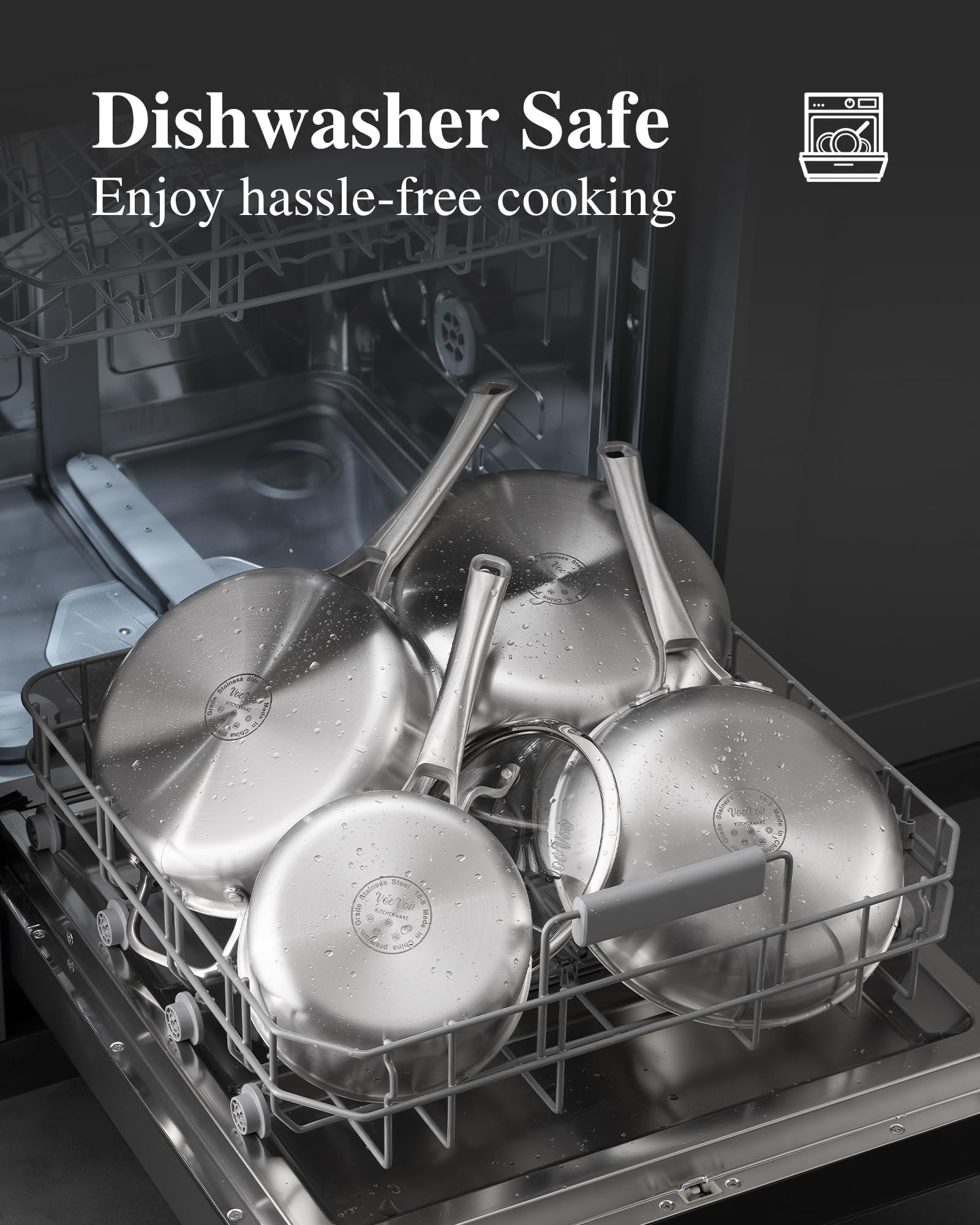 Stainless Steel Cookware Set saucepans with lids stacked for compact storage benefit