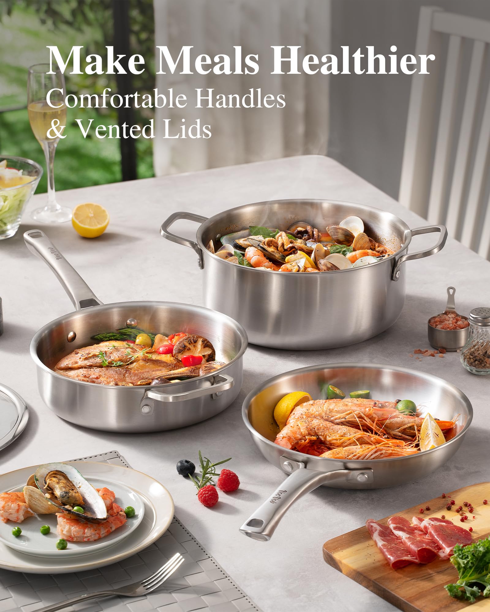 Stainless Steel Cookware Set sauté pan in use stir-frying vegetables for versatile cooking benefit