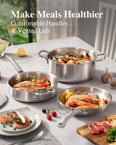 Stainless Steel Cookware Set sauté pan in use stir-frying vegetables for versatile cooking benefit