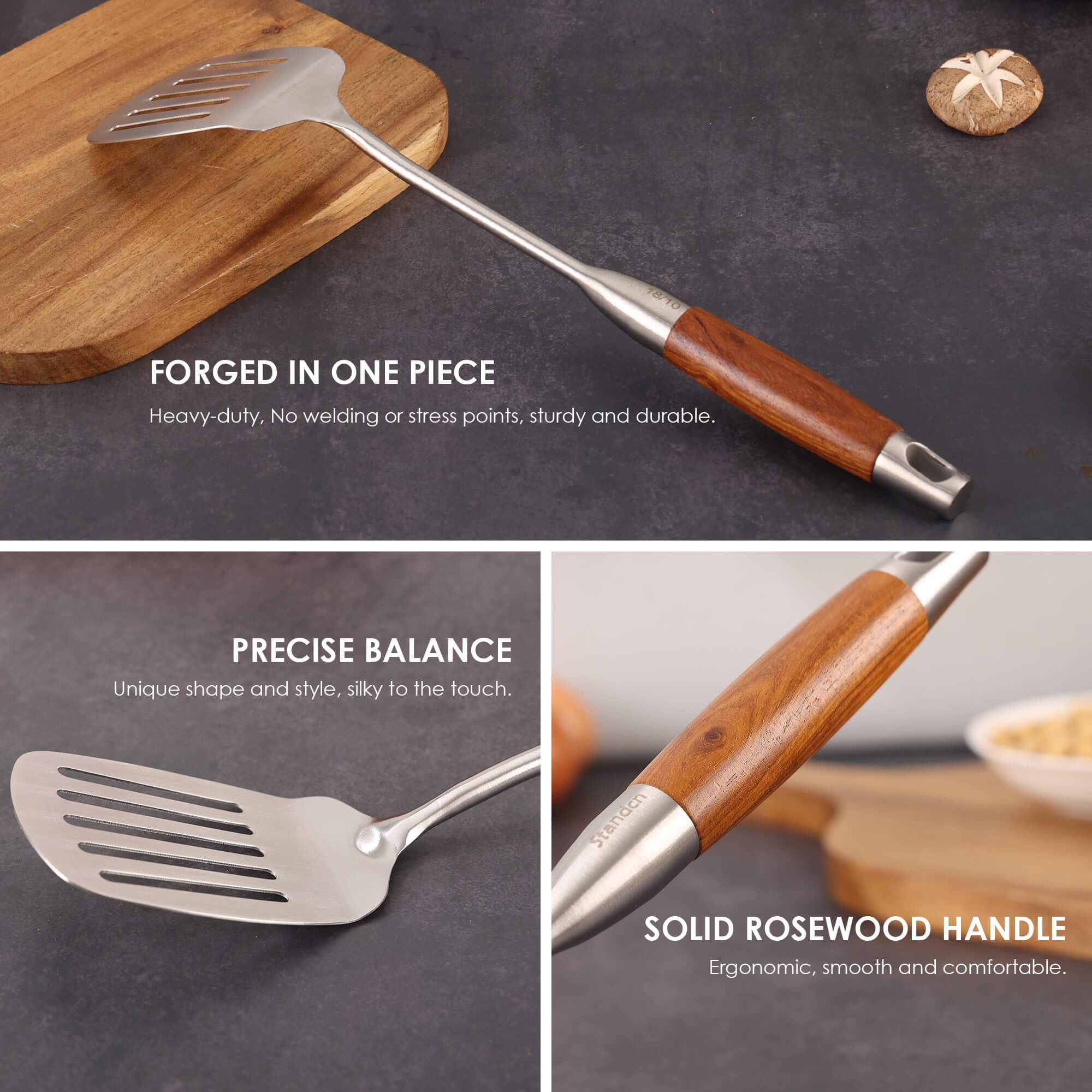 Standcn large spoon and ladle side-by-side for scale, showing 15-inch length benefit