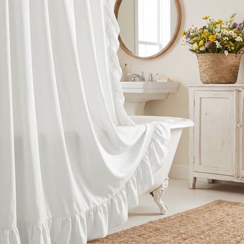 StangH ruffles pooling on the floor delivering dramatic layered styling