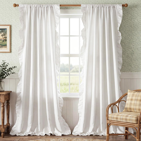 StangH front view of white ruffle curtains showing full panel coverage and charm