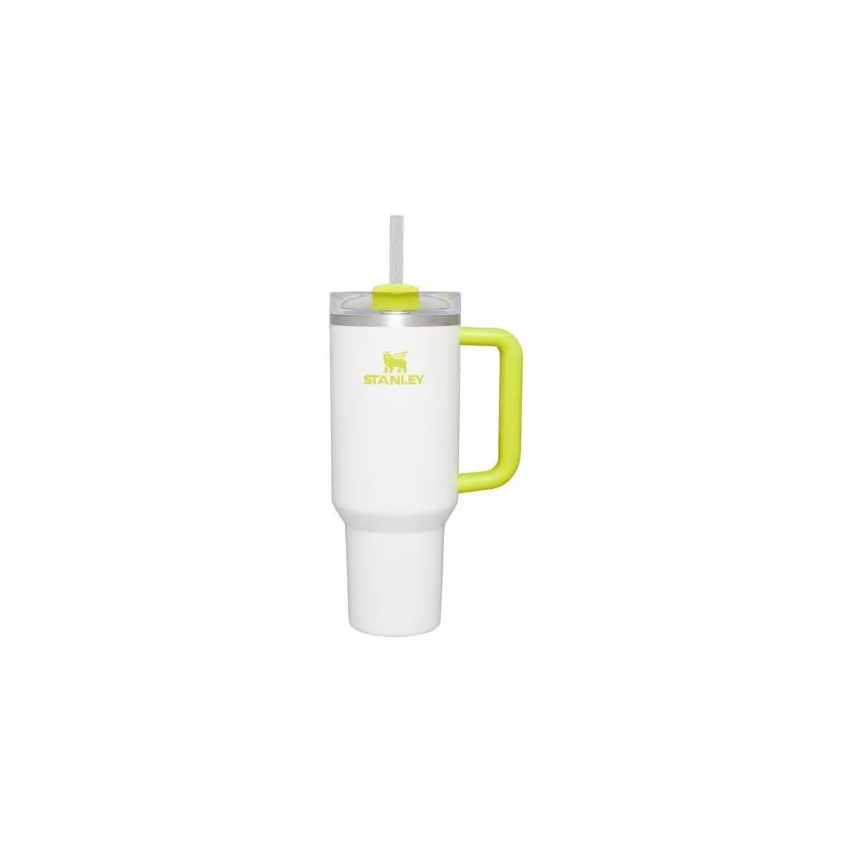 woodfire design Stanley 40oz Quencher front view showing frost and electric yellow finish with clear branding and durable shape
