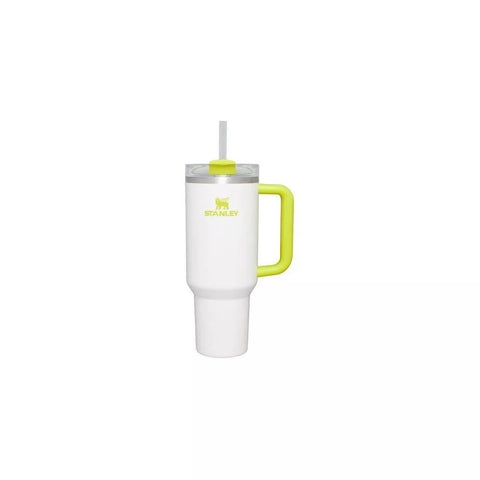 woodfire design Stanley 40oz Quencher front view showing frost and electric yellow finish with clear branding and durable shape