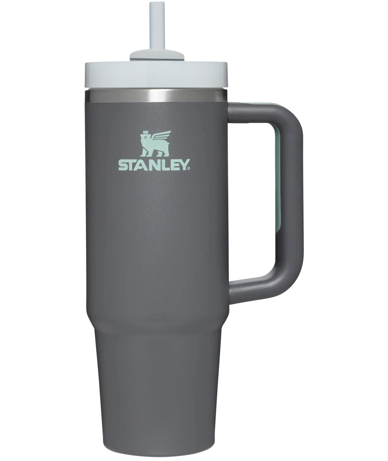 STANLEY charcoal tumbler front view showing handle and lid for easy carry