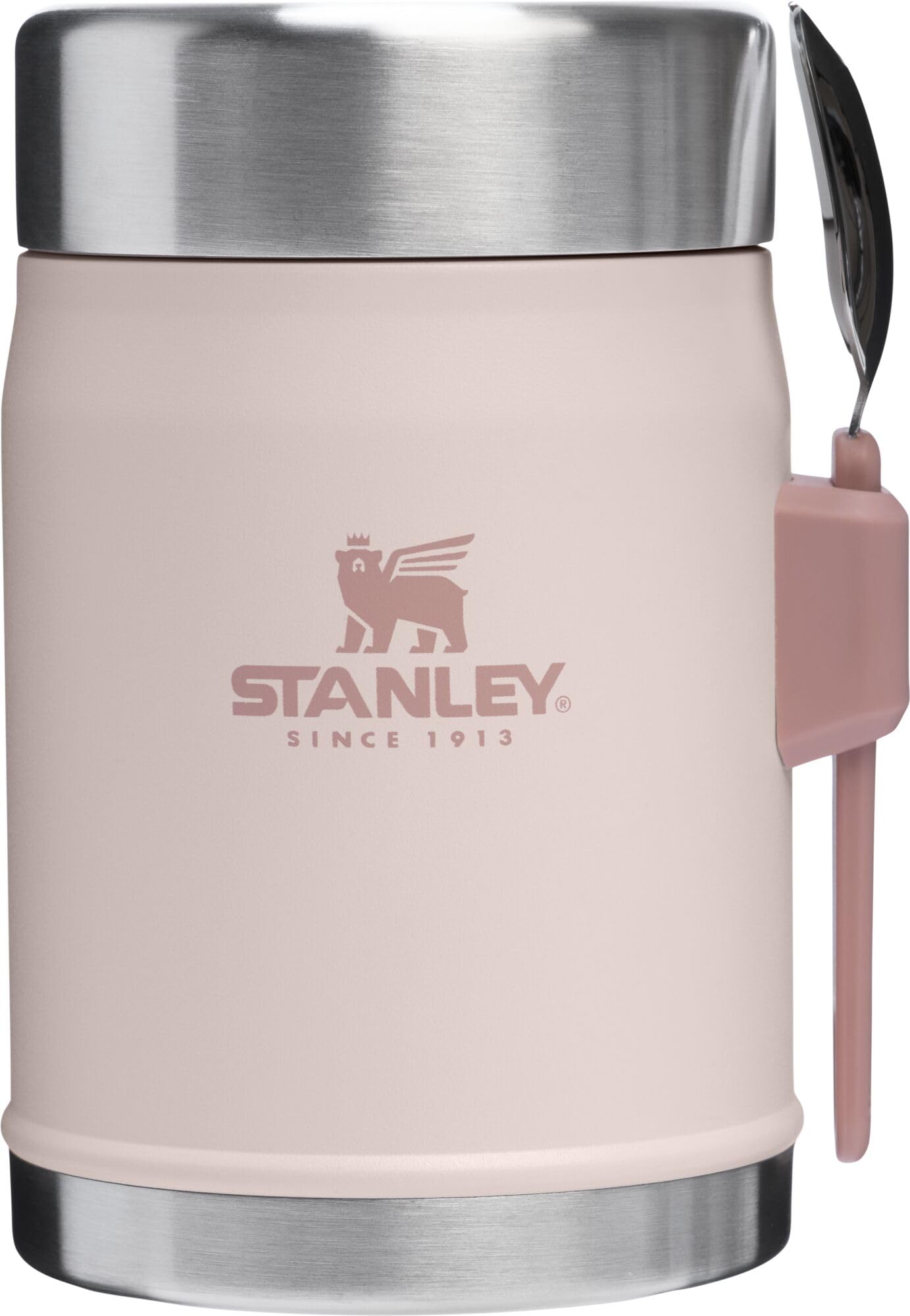 Stanley Classic front view showing rose quartz finish and compact benefit