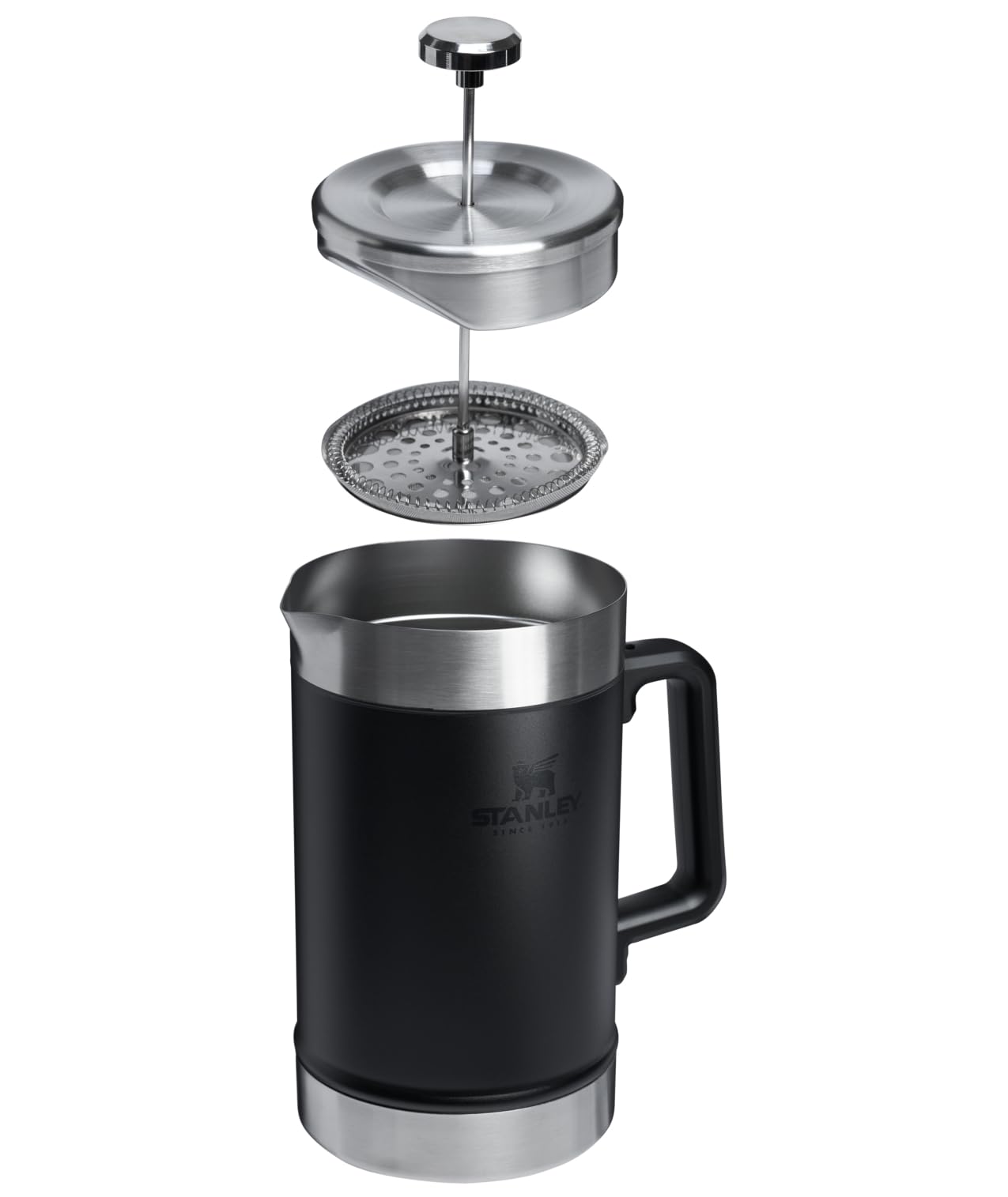 STANLEY lid and plunger detail highlighting ergonomic handle and heat retention benefit