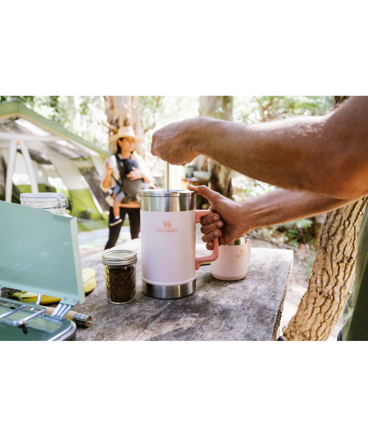 STANLEY French Press beside a mug showing 48 oz scale and travel-ready capacity benefit