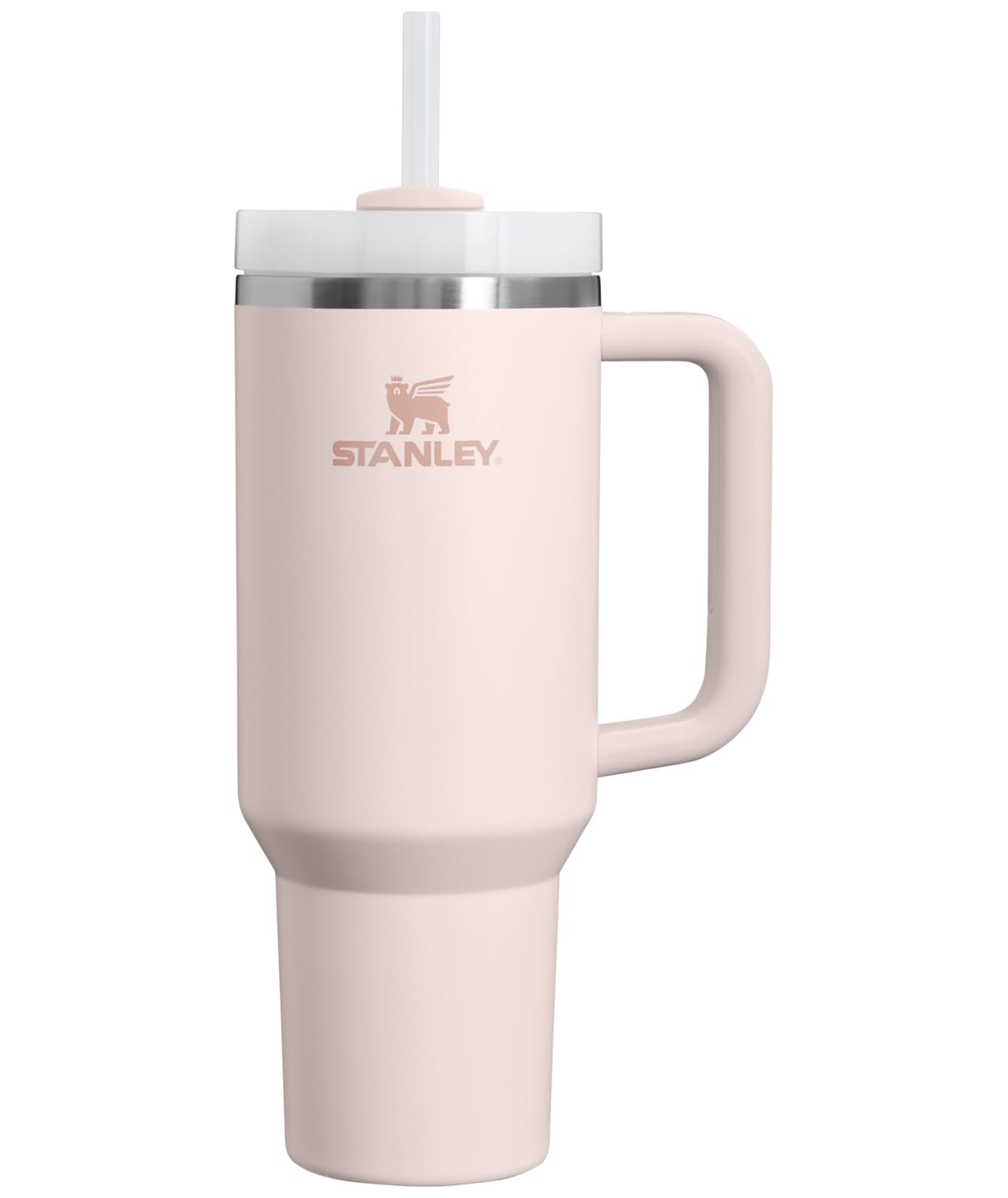 STANLEY front view of rose quartz 40 oz tumbler showing size and color benefit