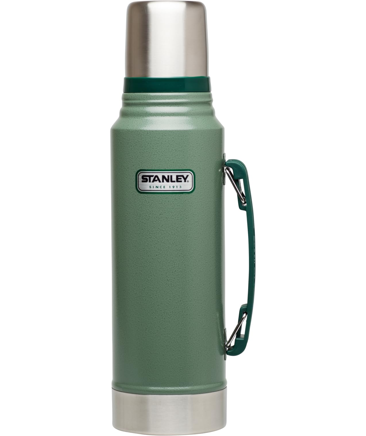 Stanley Heritage Classic front view showing hammertone green finish and durable build